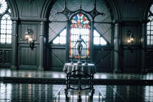 brightly colored celestial throneroom with steampunk vibe, empty of people with large stained glass windows. A large elaborate baroque birthday cake sits on a table in the centre of frame. Best quality, masterpiece. Void volumes. Perfect composition with a wide angle lens.