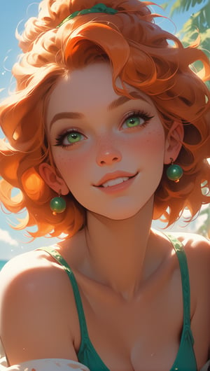 score_9, score_8_up, score_7_up, rating_questionable,Woman, freckles, extremely attractive, adorable, extremely pale skin, orange hair, green eyes, light directed at face, 8k