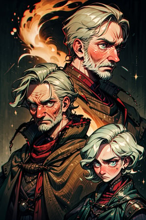 1male, old man, facial wrinkles, medieval hunter's clothing, (50year old:1.5), random color hair, expression of deep hatred, eyes glows, sparking eyes,perfecteyes