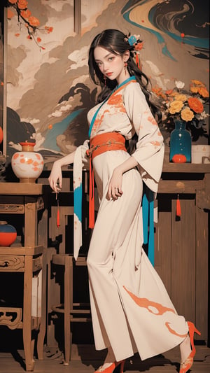 extreme detailed, (masterpiece), (top quality), (best quality), (official art), (beautiful and aesthetic:1.2), (stylish pose), (1 woman), (fractal art:1.3), (colorful), ppcp,long skirt,perfect,Hanfu,guochao
