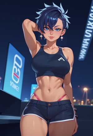 score_9, score_8_up, score_7_up, source_anime BREAK, 1girl, tomboy, earrings, tanned skin, curvy, midriff