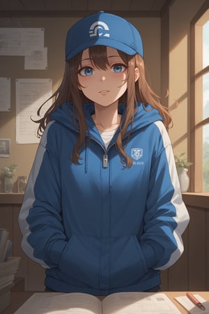 score_9, score_8_up, score_7_up, source_anime BREAK, 1girl, jacket, cap, blue eyes, brown hair