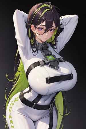 masterpiece, best quality, guilty \(nikke\), 1girl, solo, standing, leaning forward, looking at viewer, gigantic breasts, white bodysuit, collar, belt, purple eyes, green hair, two-tone hair, arms behind head,guilty (nikke)