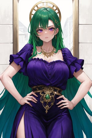 masterpiece, best quality, 1girl, dress, green hair, purple eyes, gold necklace, hands on hips