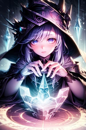 (masterpiece:1.2), (best quality:1.2), (highres:1.1), 1girl, GlowingRunesAI_paleblue, (detailed hands:1.4), celestial hair, glowing eyes, purple eyes, crystal floating above hand, fantasy, mage robes, wizard hat, mystical crystal, ethereal atmosphere, cinematic lighting, hands concentrated on crystal