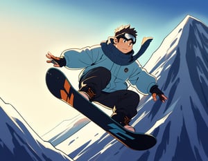 ((1male, solo, male focus, confident, snowboarding in air, Indy Grab, acrobatic)), (chubby:1.2), (bara:1.4), (stocky), ((snow jacket, woolen scarf, goggles down, boots, snowboard)), short hair, crew cut, (cool, awesome), snow mountain background, best quality, ((flat anime, cartoon, masterpiece, best aesthetic, absurdres, highly detailed)), soft shaded