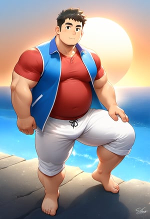 (1boy, red t-shirt, chubby, bara, stocky, long white pants, barefoot), (1boy, blue vest, swimming trunk, chubby, bara, stocky, ), intimate, seaside, sky, sun, male focus, ((anime, best quality, best aesthetic, high res)),masterpiece
