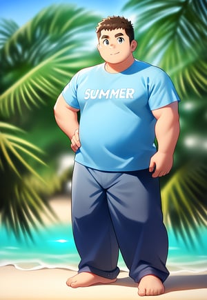 ((1male, solo, male focus, standing idle)), (chubby:1.0), (bara:1.4), ((t-shirt, long pants, barefoot, summer, beach)), short hair, crew cut, ((full body)), (cool, cute, awesome), ((flat anime, best quality, best aesthetic, high res)),man, masterpiece