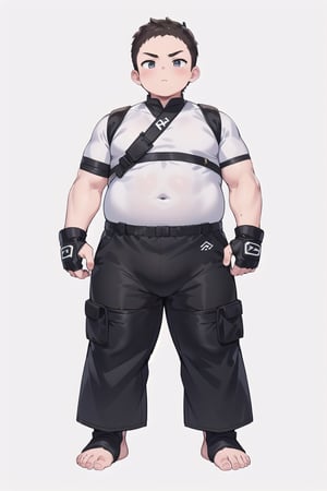 ((1boy_only, fighter, long pants, feet in foot protectors, solo)), (chubby:1.0, bara stocky:1.3, round_face, serious look), (buzz_cut:0.75), full body shot, ((cool, cute, awesome)), (fingerless gloves, (white foot protectors, foot wrap)), (front_view), (chubby_face:0.8),male focus, standing_idle,best quality, masterpiece,ankle brace,foot protector, intricate details