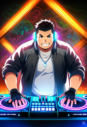 ((1boy, solo, male focus, grin, dj, behind turntable)), (round face), (plump:1.0), (bara:1.0), (stocky), ((jacket)), ((pants)), short hair, crew cut, (cool, awesome), (fingerless gloves, glowing earphone, silver necklace, trinket), (grafitti background, neon lights, FFT pattern, dynamic), ((anime, best quality, masterpiece, best aesthetic, high definition))