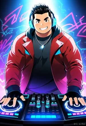 ((1boy, solo, male focus, grin, dj, behind turntable)), (round face), (plump:1.0), (bara:1.0), (stocky), ((jacket)), ((pants)), short hair, crew cut, (cool, awesome), (fingerless gloves, glowing earphone, silver necklace, trinket), (grafitti background, neon lights, EQ pattern, dynamic), ((anime, best quality, masterpiece, best aesthetic, high definition))