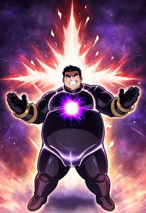 ((1boy, solo, male focus, red eyes, gritting teeth, grin, villain, dark energy arc)), (bara:1.4), (chubby:1.2), (stocky), (round_face), ((black jelly suit, gauntlet, shadow aura)), (detailed background), (cool, awesome, short hair, full body shot), ((flat anime, best quality, best aesthetic, high res)),masterpiece