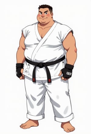 a slightly plump bara boy in white karate outfit with black belt, he is stout and stocky, wearing fingerless gloves, barefooted, his white pants is very long and loose, his hair is very short crew cut, his face is round cute and handsome, best quality, Flat colour anime style image showing, ultra resolution