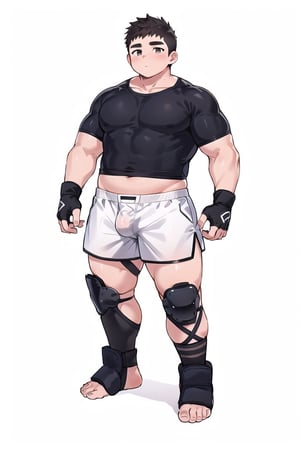 ((1boy_only, boxer, (solo), black foot protectors, foot wraps)), (chubby:1.5, stocky:1.2, round_face, blakc ankle braces), ((boxer_shorts)), barefoot, (bara:1.4), buzz_cut, full body shot, ((cool, cute, awesome)), (fingerless gloves), (front_view), (chubby_face:0.8),Male focus, standing_idle,ankle brace,foot protector,best quality