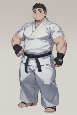 ((1boy_only, young, (solo), ankle brace, foot wraps)), (chubby:1.5, stocky:1.2, round_face), ((white judo gi)), ((dougi)), barefoot, ((long pants)), (bara:1.3), buzz_cut, full body shot, ((cool, cute, awesome)), (fingerless gloves), (front_view), (chubby_face:0.8),Male focus, standing_idle,ankle brace,foot protector,best quality,realistic,character, masterpiece