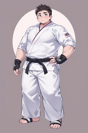 ((1boy_only, young, (solo), feet in black ankle braces, foot wraps)), (chubby:1.5, stocky:1.2, round_face), ((white judo gi)), ((dougi)), barefoot, ((long pants)), (bara:1.3), (buzz_cut:0.5), full body shot, ((cool, cute, awesome)), (fingerless gloves, ankle braces), (front_view), (chubby_face:0.8),Male focus, standing_idle,ankle brace,foot protector,best quality