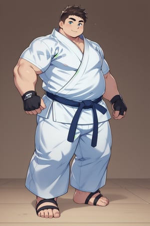 ((1boy_only, wearing ankle braces, (solo), his feet in blue ankle braces)), (chubby:1.2, bara stocky:1.5, round_face), ((white judo gi)), ((dougi)), ((long pants)), (buzz_cut:0.75), full body shot, ((cool, cute, awesome)), (fingerless gloves, ankle brace, foot wrap), (front_view), (chubby_face:0.8),male focus, standing_idle,best quality, masterpiece