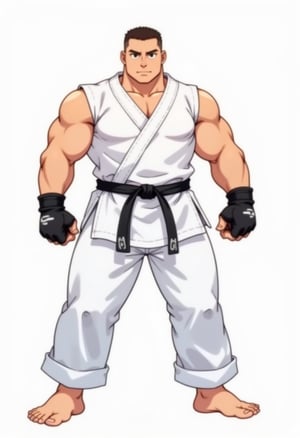 a stout buff boy in white karate outfit with black belt, he is stocky, wearing fingerless gloves, barefooted with toeless legwears, his white pants is very long and loose, his hair is very short crew cut, his face is round cute and handsome, best quality, Flat colour anime style image showing, ultra resolution