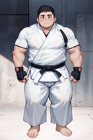 ((1boy, ((solo)), chibi:0.35)), (chubby:1.5, stocky:0.8, round_face), ((white judo gi)), ((dougi)), barefoot, ((long pants)), (bara:1.3), (shota:0.45), buzz_cut, full body shot, ((cool, cute, awesome, confident)), (fingerless gloves), (chubby_face:0.8),Male focus, standing_idle, anime