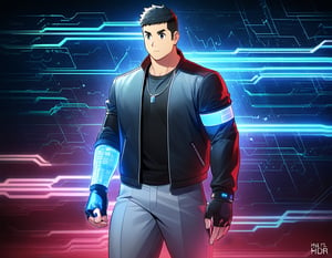 ((1boy, solo, male focus, half virtual body)), (round face),  (bara:1.0), (stocky), ((jacket)), ((pants)), short hair, crew cut, (cool, awesome), (head monitor, fingerless gloves, elbow band, silver necklace, trinket), (cybernetic background, LCD digits, codes, holograms, data flow), ((anime, best quality, masterpiece, best aesthetic, 4k hdr, high definition))