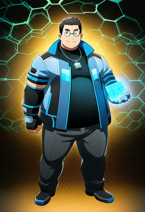 ((1boy, solo, male focus, smile, hacker)), (round face, scifi monocle),  (bara:1.0), (stocky, plump), ((jacket)), ((pants)), short hair, crew cut, (cool, awesome), (fingerless gloves, elbow band, silver necklace, trinket), (cybernetic background, LCD digits, codes, holograms, mesh wireframe), (full body, (anime, best quality, masterpiece, best aesthetic, high definition))