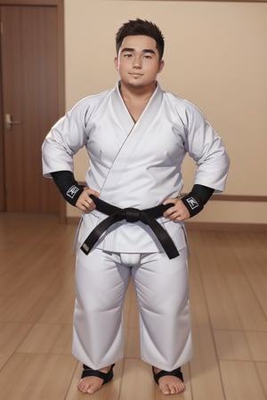 ((1boy_only, young, (solo), ankle braces, foot wraps)), (chubby:1.5, stocky:1.2, round_face), ((white judo gi)), ((dougi)), barefoot, ((long pants)), (bara:1.5), buzz_cut, full body shot, ((cool, cute, awesome)), (fingerless gloves), (front_view), (chubby_face:0.8),Male focus, standing_idle,ankle brace,foot protector,best quality,realistic