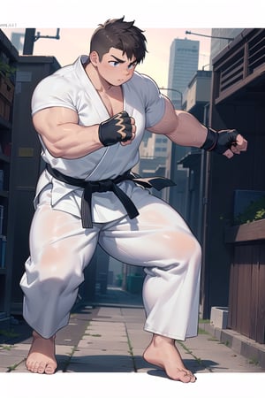 ((1boy, solo, gripping fists)), (chubby:1.2, stocky:1.2), ((white judo gi)), ((dougi)), barefoot, ((long pants)), (bara:1.2), (shota:0.25), buzz_cut, full body shot, ((cool, cute, awesome)), (fingerless gloves), (front_view), (chubby_face:0.8), (confident_look, prideful)