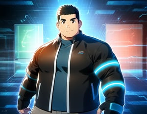 ((1boy, solo, male focus, half virtual body, look at viewer)), (round face),  (bara:1.0), (stocky, plump:0.8), ((jacket)), ((pants)), short hair, crew cut, (cool, awesome), (head monitor, fingerless gloves, elbow band), (cybernetic background, holograms, data flow), ((close up, anime, best quality, masterpiece, best aesthetic, 4k hdr, high definition))