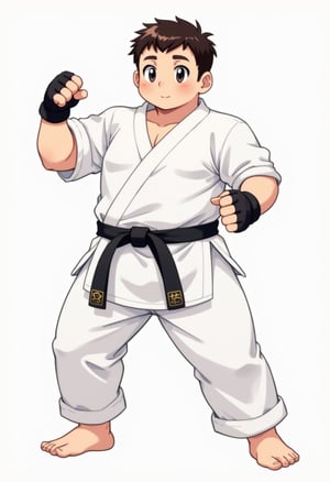 a slightly plump boy in white karate outfit with black belt, standing in fighting stance, he is bara stocky, wearing fingerless gloves, barefooted, his white pants is very long and loose, his hair is very short crew cut, his face is round cute and handsome, best quality, Flat colour anime style image showing, ultra resolution