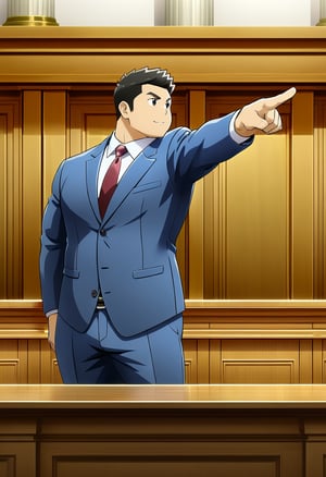((1male, solo, male focus, left hand point out)), ((bara)), (chubby:1.0), stocky, lawyer, blue suit vest, stand behind a long desk, courtroom, (cool, awesome, crew cut), ((flat anime, best quality, best aesthetic, high res))