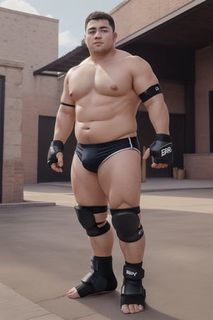 ((1boy_only, boxer, (solo), black foot protectors, foot wraps)), (chubby:1.5, stocky:1.2, round_face, black ankle braces, topless), ((boxer_shorts)), barefoot, (bara:1.7), buzz_cut, full body shot, ((cool, cute, awesome)), (fingerless gloves), (front_view), (chubby_face:0.8),Male focus, standing_idle,ankle brace,foot protector,best quality,toeless footwear,photorealistic,realistic