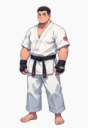 a stout buff asian boy in white karate outfit with black belt, he is stocky, wearing fingerless gloves, barefooted with toeless legwears, his white pants is very long and loose, his hair is very short crew cut, his face is round cute and handsome, best quality, Flat colour anime style image showing, ultra resolution