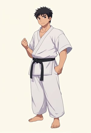 a stout buff asian boy in white karate outfit with black belt, he is stocky, wearing fingerless gloves, barefooted with toeless legwears, his white pants is very long and loose, his hair is very short crew cut, his face is round cute and handsome, best quality, Flat colour anime style image showing, ultra resolution,animefal