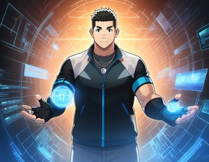((1boy, solo, male focus, half virtual body)), (round face),  (bara:1.0), (stocky), ((jacket)), ((pants)), short hair, crew cut, (cool, awesome), (head monitor, fingerless gloves, elbow band, silver necklace, trinket), (cybernetic background, holograms, data flow), ((anime, best quality, masterpiece, best aesthetic, 4k hdr, high definition))
