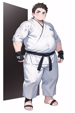 ((1boy_only, feet in foot protectors, solo)), (chubby:1.0, bara stocky:1.3, round_face, serious look), ((white judo gi)), ((dougi)), ((long pants)), (buzz_cut:0.75), full body shot, ((cool, cute, awesome)), (fingerless gloves, (foot protectors, foot wrap)), (front_view), (chubby_face:0.8),male focus, standing_idle,best quality, masterpiece,ankle brace,foot protector