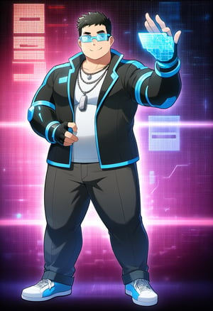 ((1boy, solo, male focus, smile, hacker)), (round face, scifi glasses),  (bara:1.0), (stocky, plump), ((jacket)), ((pants)), short hair, crew cut, (cool, awesome), (fingerless gloves, elbow band, silver necklace, trinket), (cybernetic background, LCD digits, codes, holograms, mesh wireframe), (full body, (anime, best quality, masterpiece, best aesthetic, high definition))