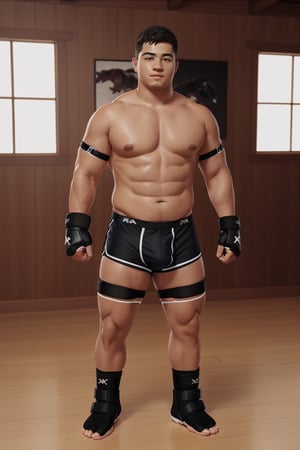 ((1boy_only, boxer, (solo), black ankle braces, foot wraps)), (chubby:1.5, stocky:1.2, round_face, black ankle braces, topless), ((boxer_shorts)), barefoot, (bara:1.7), buzz_cut, full body shot, ((cool, cute, awesome)), (fingerless gloves), (front_view), (chubby_face:0.8),Male focus, standing_idle,ankle brace,foot protector,best quality,toeless footwear,photorealistic,realistic