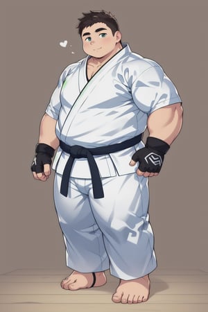 ((1boy_only, feet in foot protectors, solo)), (chubby:1.0, bara stocky:1.3, round_face), ((white judo gi)), ((dougi)), ((long pants)), (buzz_cut:0.75), full body shot, ((cool, cute, awesome)), (fingerless gloves, black foot protectors, foot wrap), (front_view), (chubby_face:0.8),male focus, standing_idle,best quality, masterpiece,ankle brace