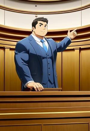 ((1male, solo, male focus, left hand spread out, point)), ((bara)), (chubby:1.0), stocky, lawyer, blue suit vest, stand behind a long desk, courtroom, (cool, awesome, crew cut), ((flat anime, best quality, best aesthetic, high res))