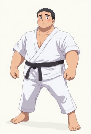 a plump boy in white karate outfit with black belt, he is stocky, wearing fingerless gloves, barefooted with toeless legwears, his white pants is very long and loose, his hair is very short crew cut, his face is round cute and handsome, best quality, Flat colour anime style image showing, ultra resolution,animefal