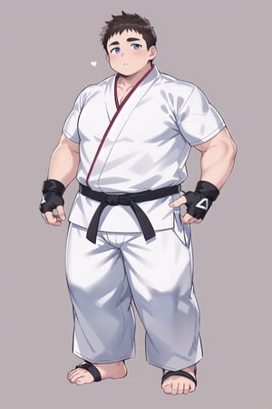 ((1boy_only, (solo), feet in white foot protectors, foot wraps, anime)), (chubby:1.5, stocky:1.2, round_face), ((white judo gi)), ((dougi)), barefoot, ((long pants)), (bara:1.3), (buzz_cut:0.5), full body shot, ((cool, cute, awesome)), (fingerless gloves, ankle braces), (front_view), (chubby_face:0.8),male focus, standing_idle,ankle braces,best quality
