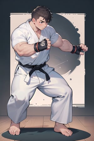 ((1boy, solo, gripping fists)), (chubby:1.2, stocky:1.2), ((white judo gi)), ((dougi)), barefoot, ((long pants)), (bara:1.2), (shota:0.25), buzz_cut, full body shot, ((cool, cute, awesome)), (fingerless gloves), (front_view), (chubby_face:0.8), (confident_look, prideful)