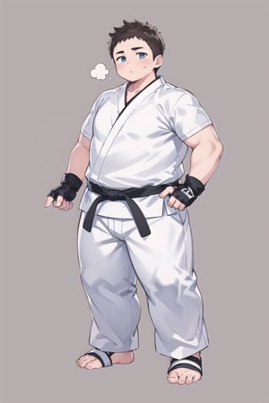 ((1boy_only, (solo), foot protectors, foot wraps)), (chubby:1.5, stocky:1.2, round_face, black ankle braces), ((white judo gi)), ((dougi)), barefoot, ((long pants)), (bara:1.4), buzz_cut, full body shot, ((cool, cute, awesome)), (fingerless gloves), (front_view), (chubby_face:0.8),Male focus, standing_idle,ankle brace,foot protector,best quality