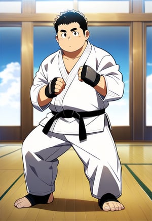 ((1male, solo, mature male, from front, round face)), (plump:1.3, bara:1.4, stocky:1.2), ((white karate gi)), short hair, crew cut, ((full body)), (cool, awesome), (fingerless gloves, black belt, toeless legwears), dojo background, best quality, anime, best aesthetic, amazing aesthetic