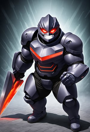((1boy, solo, male focus, red glowing eyes, gritting teeth, grin, villain, dark energy arc)), (bara:1.4), (chubby:1.2), (stocky), (round_face), ((dark complex tech armor, gauntlet)), (shadow aura, detailed background), (cool, awesome, short hair, full body shot), ((flat anime, best quality, best aesthetic, high res)),masterpiece