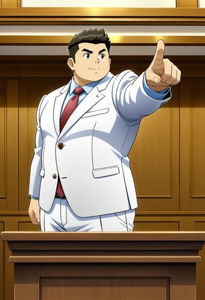 ((1male, solo, male focus, left hand point out)), ((bara)), (chubby:1.0), stocky, lawyer, white suit, stand behind a desk, courtroom, (cool, awesome, crew cut), ((flat anime, best quality, best aesthetic, high res))