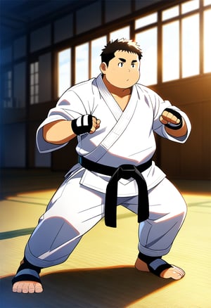 ((1male, solo, mature male, from front, round face)), (plump:1.3, bara:1.4, stocky), ((white karate gi)), short hair, crew cut, ((full body)), (cool, awesome), (fingerless gloves, black belt, toeless legwears), dojo background, best quality, anime, best aesthetic