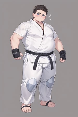 ((1boy_only, feet in foot protectors, solo)), (chubby:1.0, bara stocky:1.3, round_face, serious look), ((white judo gi)), ((dougi)), ((long pants)), (buzz_cut:0.75), full body shot, ((cool, cute, awesome)), (fingerless gloves, (foot protectors, foot wrap)), (front_view), (chubby_face:0.8),male focus, standing_idle,best quality, masterpiece,ankle brace,foot protector