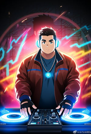 ((1boy, solo, male focus, confident, dj, behind turntable)), (round face), (plump:1.0), (bara:1.0), (stocky), ((jacket)), ((pants)), short hair, crew cut, (cool, awesome), (fingerless gloves, glowing earphone, silver necklace, trinket), (grafitti background, neon lights, EQ pattern, dynamic), ((anime, best quality, masterpiece, best aesthetic, high definition))