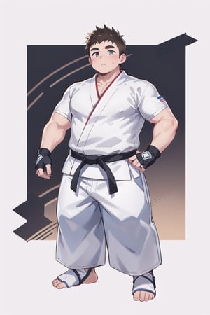 ((1boy_only, (solo), ankle braces, foot wraps)), (chubby:1.5, stocky:1.2, round_face, blakc ankle braces), ((white judo gi)), ((dougi)), barefoot, ((long pants)), (bara:1.3), (shota:0.45), buzz_cut, full body shot, ((cool, cute, awesome)), (fingerless gloves), (front_view), (chubby_face:0.8),Male focus, standing_idle,ankle brace,foot protector